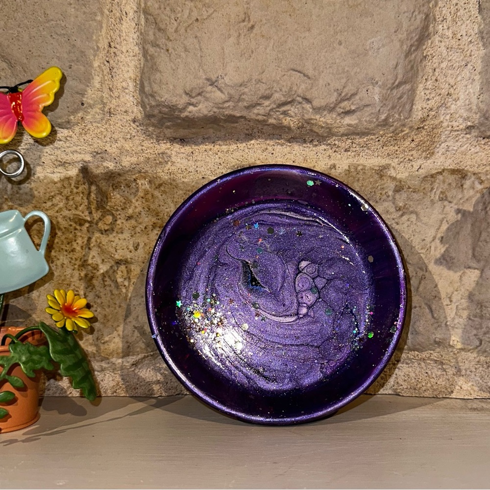 Fluid Art ring dish trinket jewelry tray purple hand painted glitter